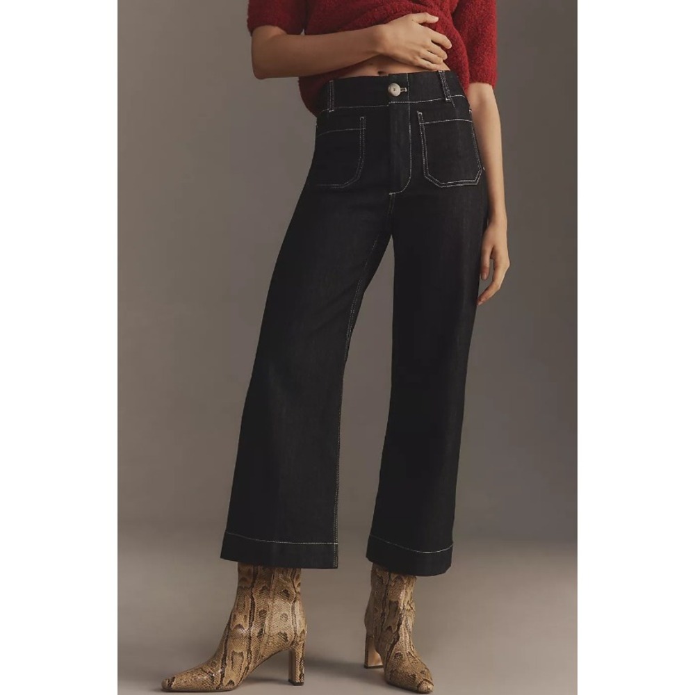 Maeve The Colette Cropped Wide-Leg Pants Black Contrast Stitch Ankle Size 28